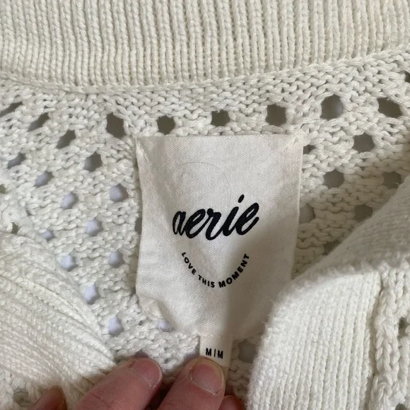 Aerie Women's Boho Coastal Creamy White 100% Cotton Open Knit Polo Sweater MD - Picture 11 of 16